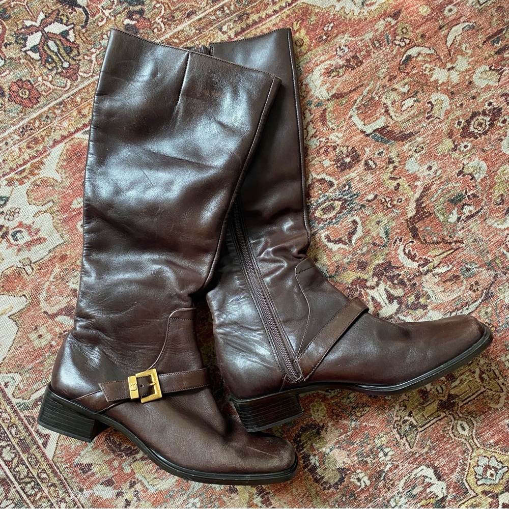 Etienne Aigner Brown Leather Riding Boots with Buckle